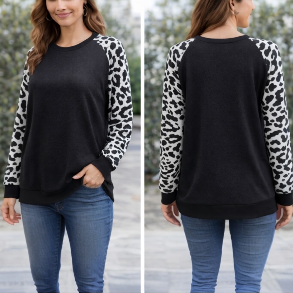 3/$25 SHEIN Leopard Sleeve Colorblock Pullover Top Black White XL /US 12